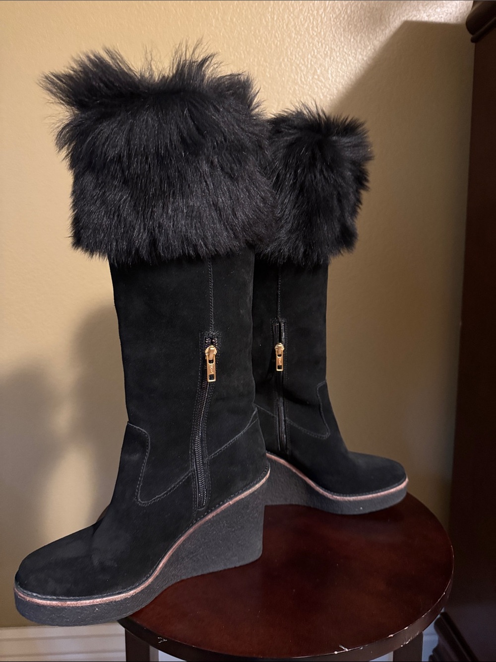 UGG "VALBERG" TOSCANA FUR CUFF BLACK SUEDE WEDGE TALL BOOTS